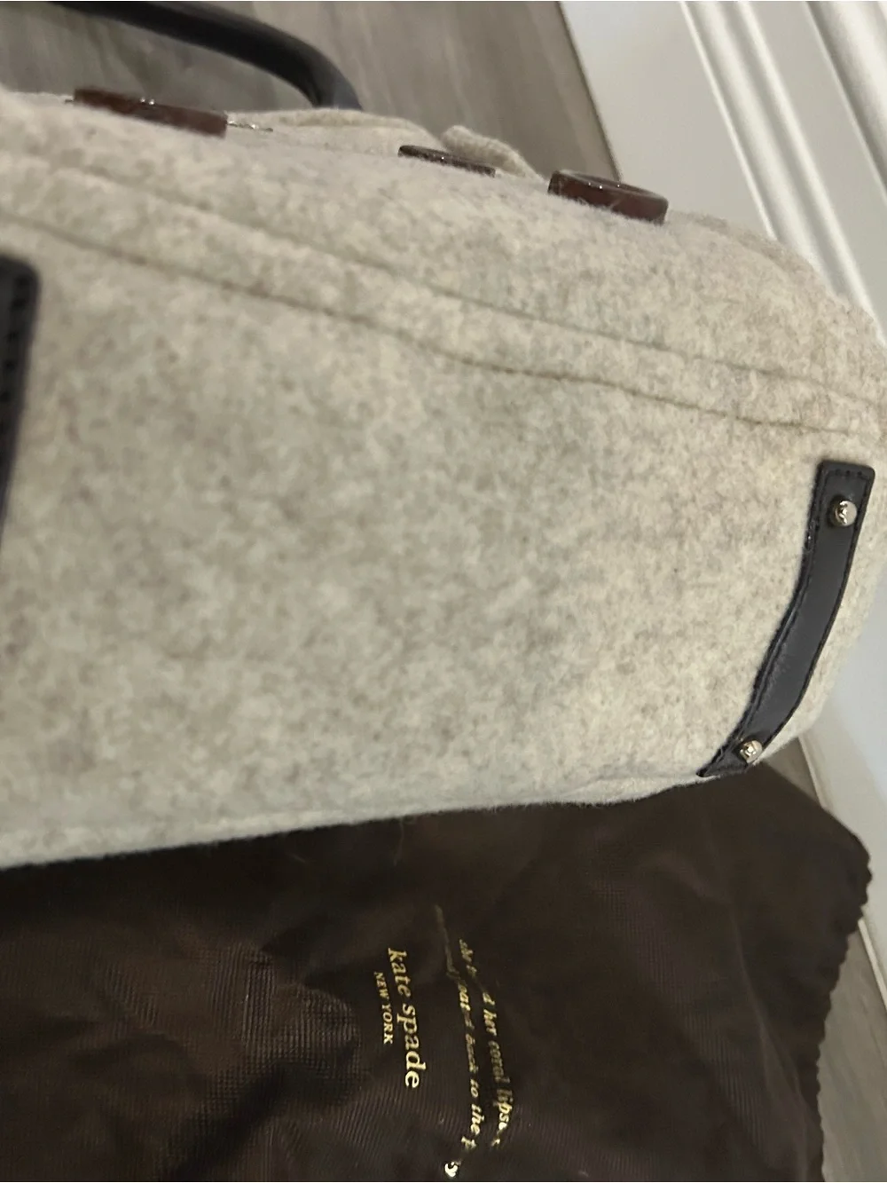 kate spade New York Wool Tote in Light Gray with Dark Brown Trim